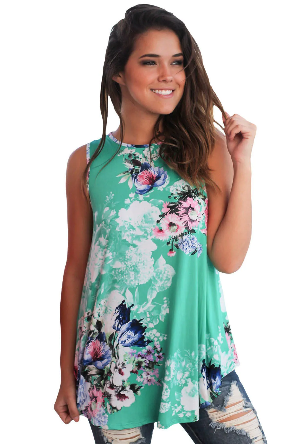 Floral Print High Neck Tank Top (Curvy)