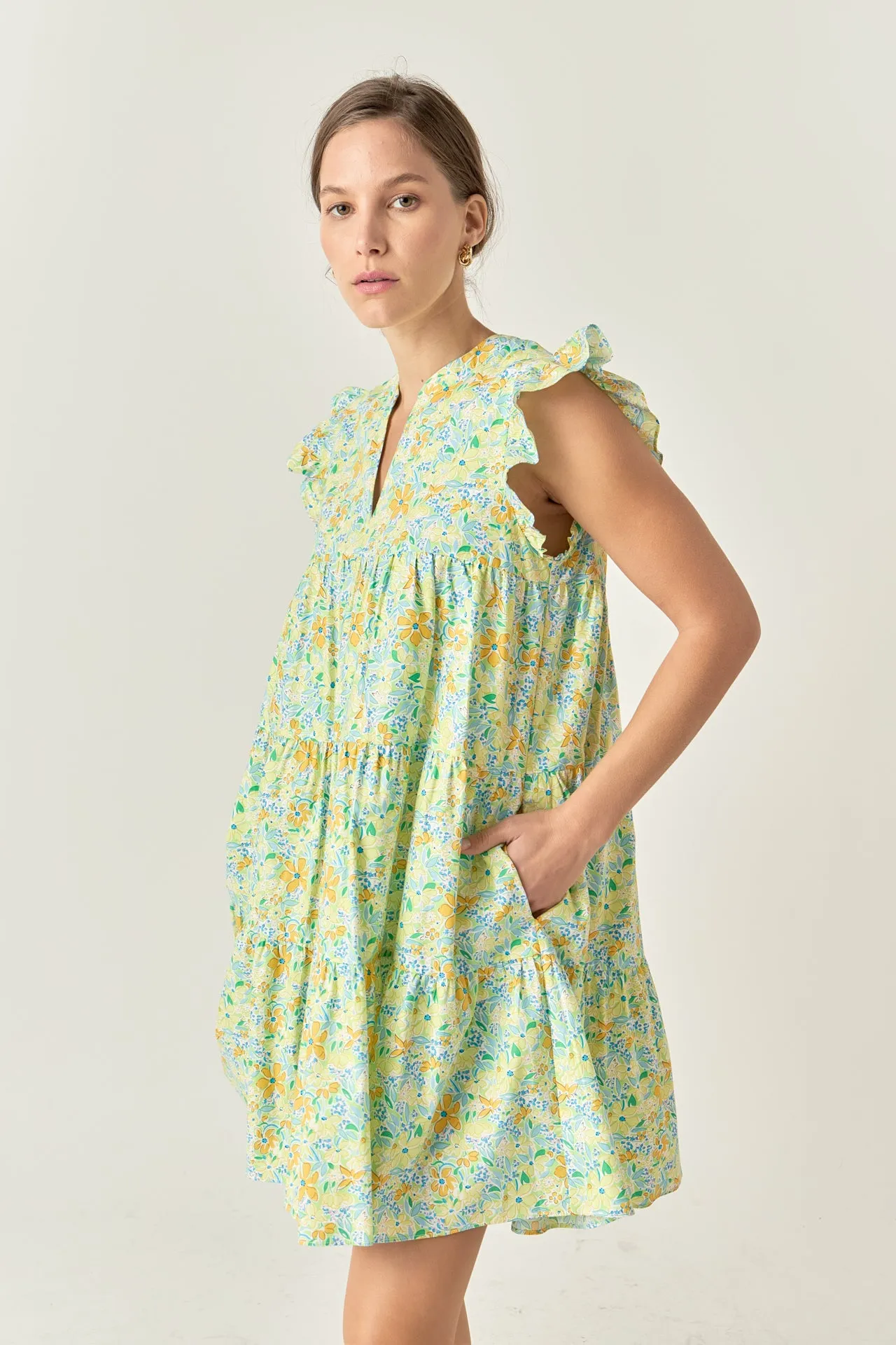 Floral Printed Babydoll V-Neck Mini Dress