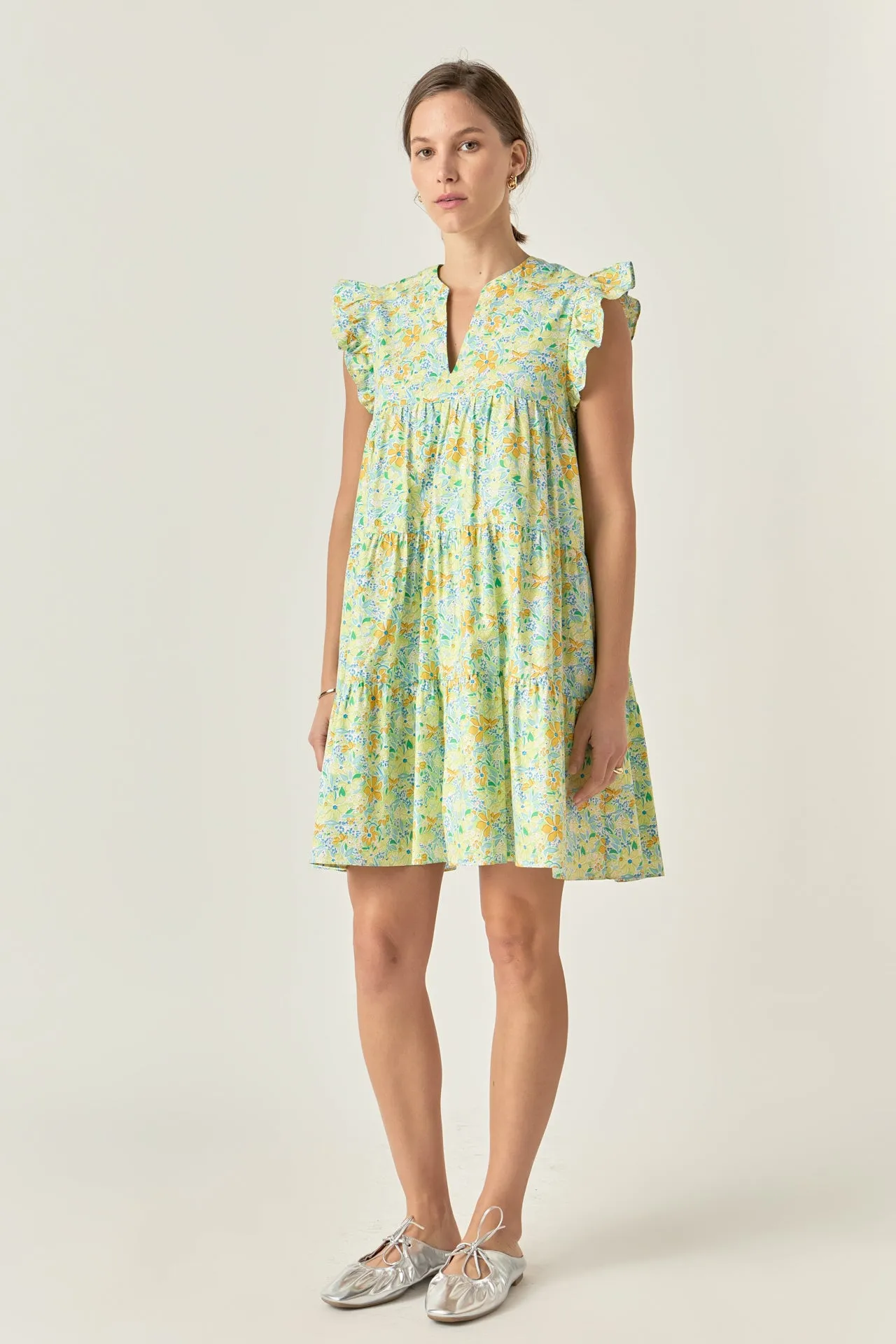 Floral Printed Babydoll V-Neck Mini Dress