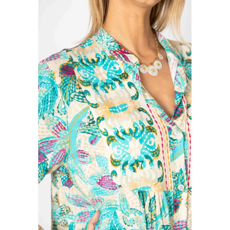 Flower Printed Baby Coll Dress-Turquoise