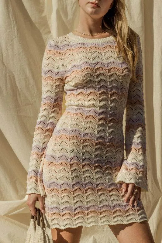 Gilli Round Neck Bell Sleeve Knitted Sweater Mini Dress