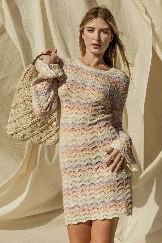 Gilli Round Neck Bell Sleeve Knitted Sweater Mini Dress