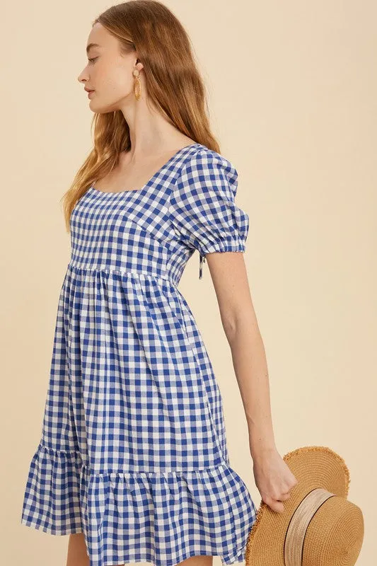 GINGHAM PRINT SQUARE NECK DRESS