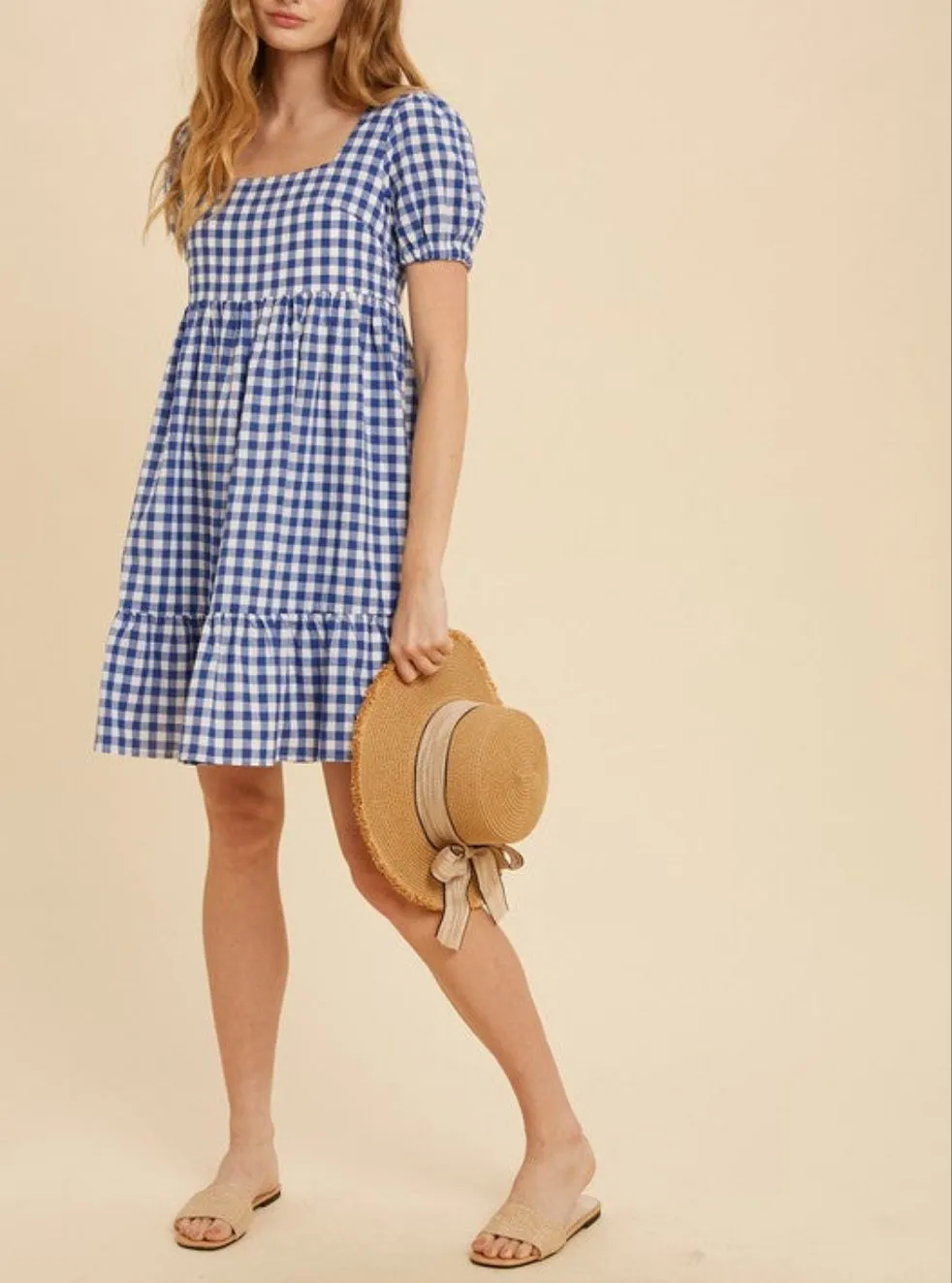 GINGHAM PRINT SQUARE NECK DRESS