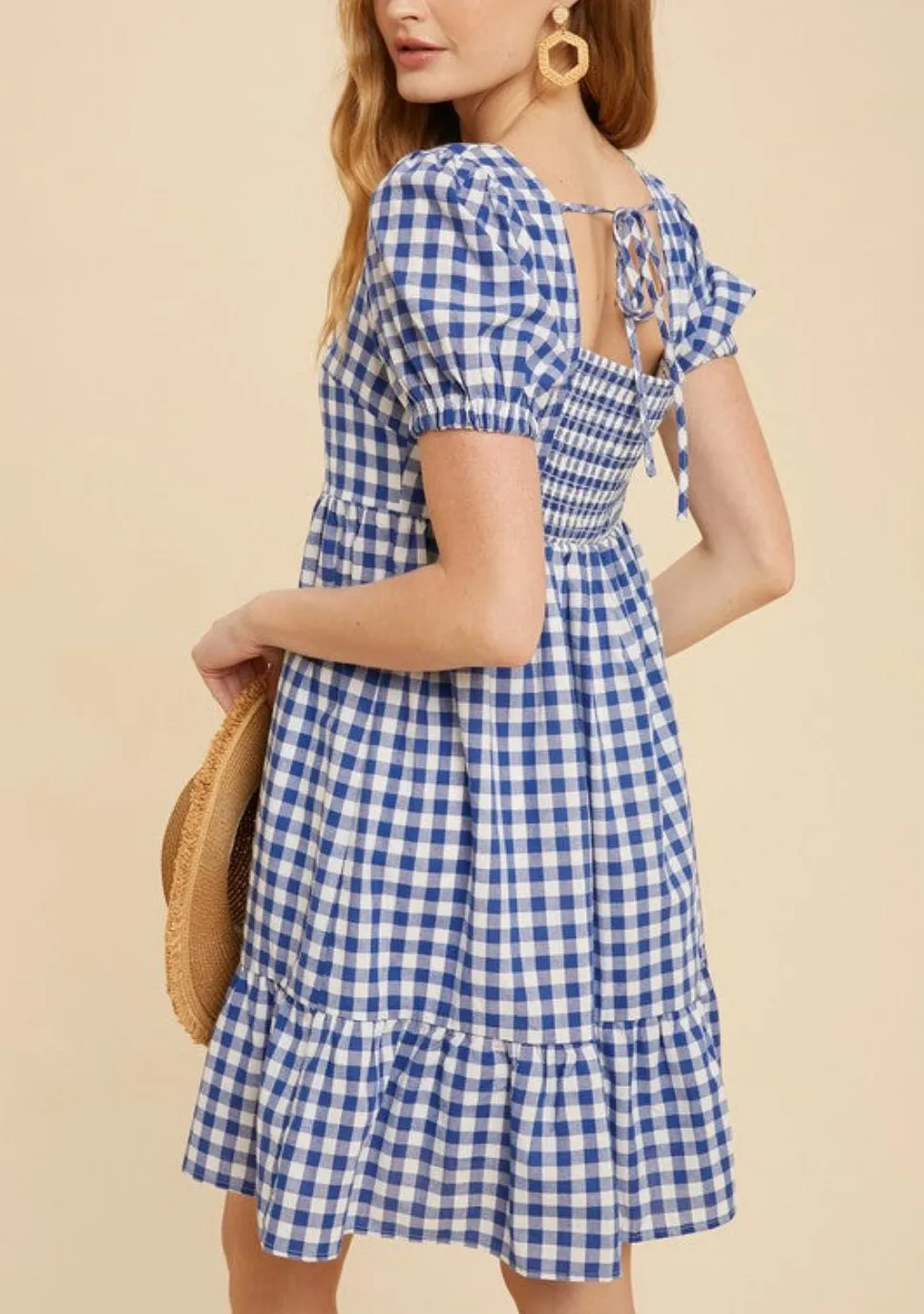 GINGHAM PRINT SQUARE NECK DRESS