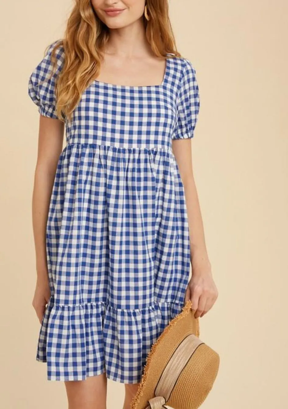 GINGHAM PRINT SQUARE NECK DRESS