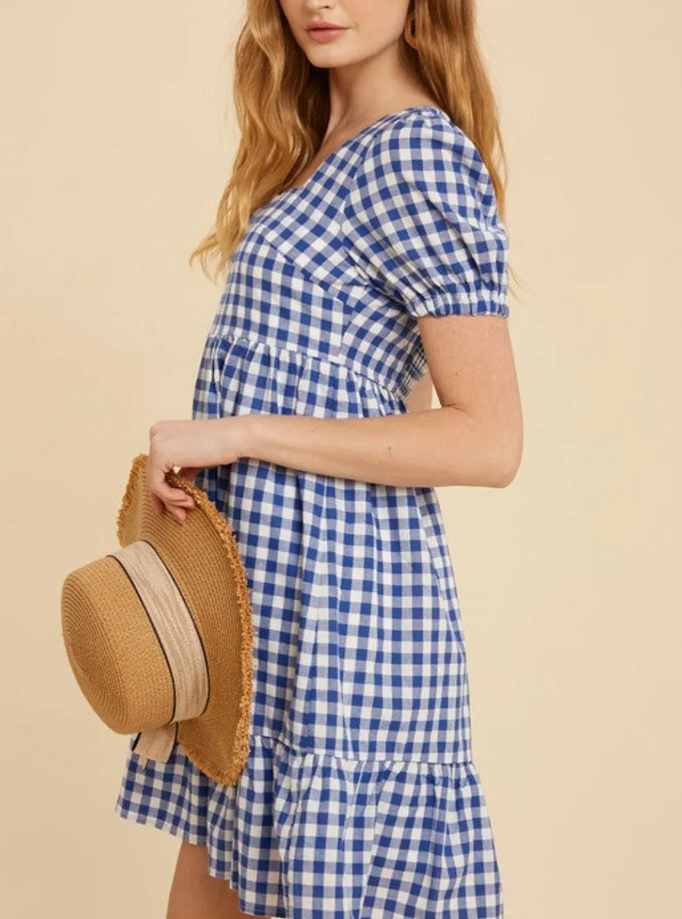 GINGHAM PRINT SQUARE NECK DRESS