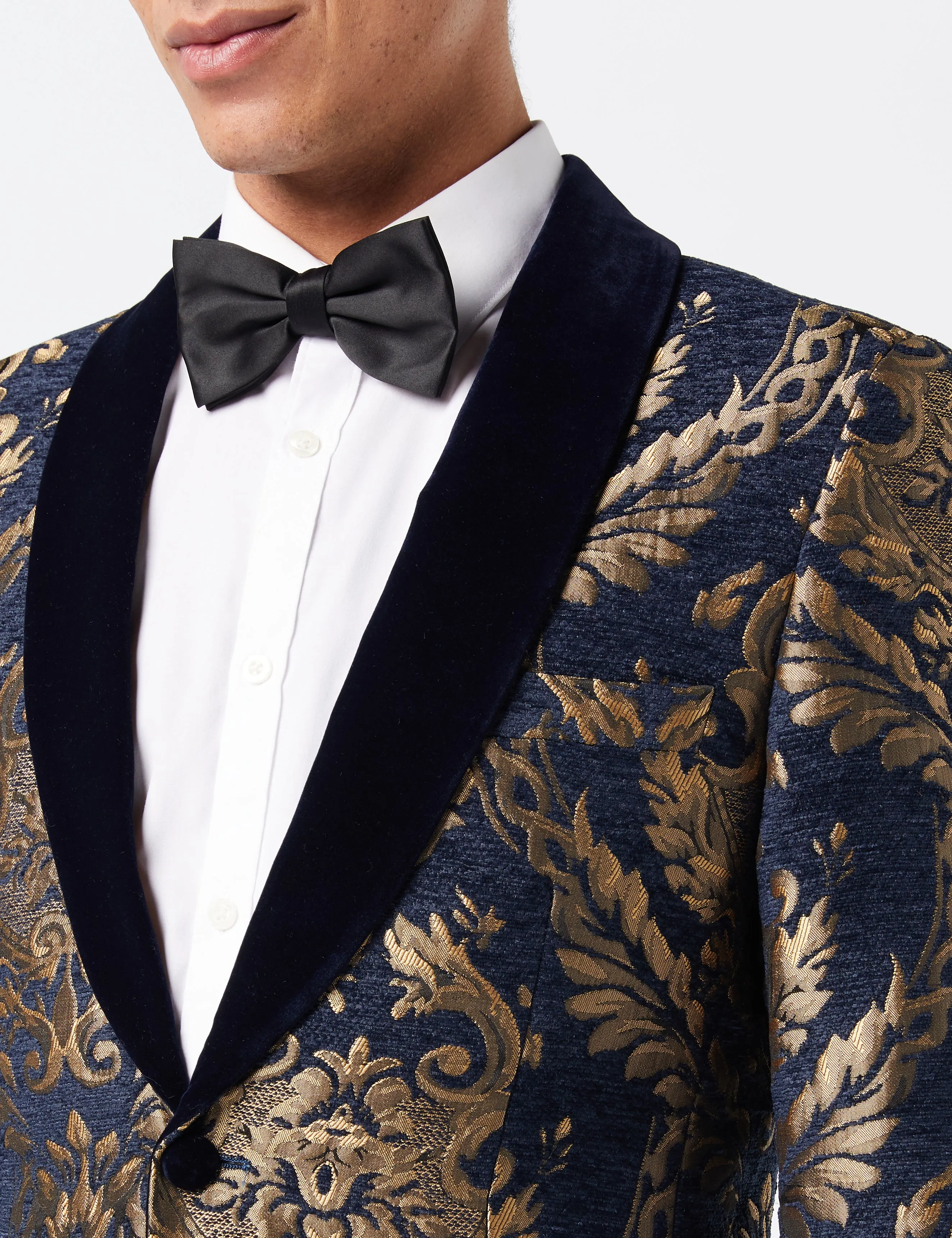 GLEN - GOLD BROCADE ON FLOCKED NAVY VELVET LAPEL JACQUARD BLAZER