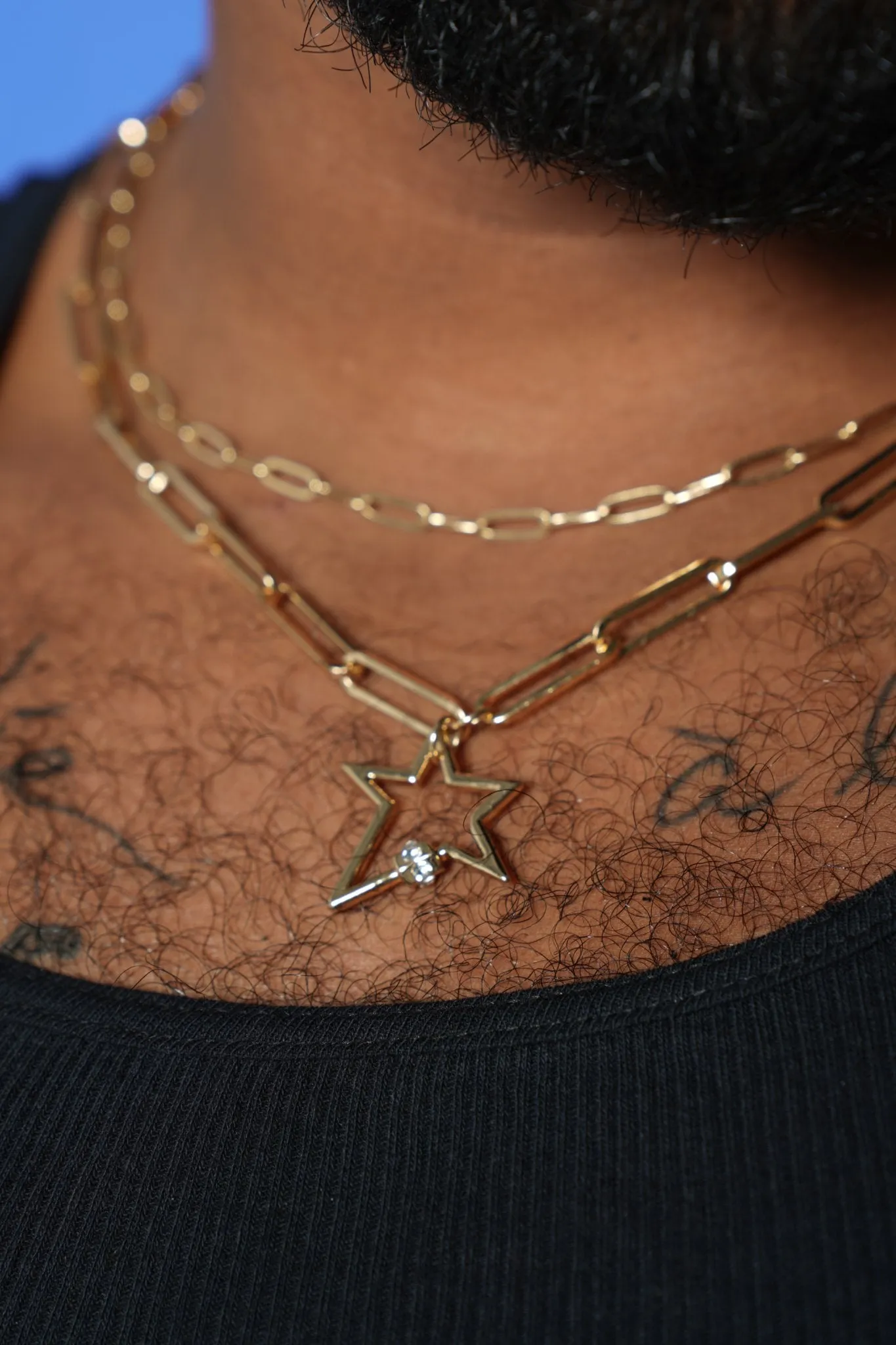 Gold Star Burst 2-Layered Link Chain Necklace