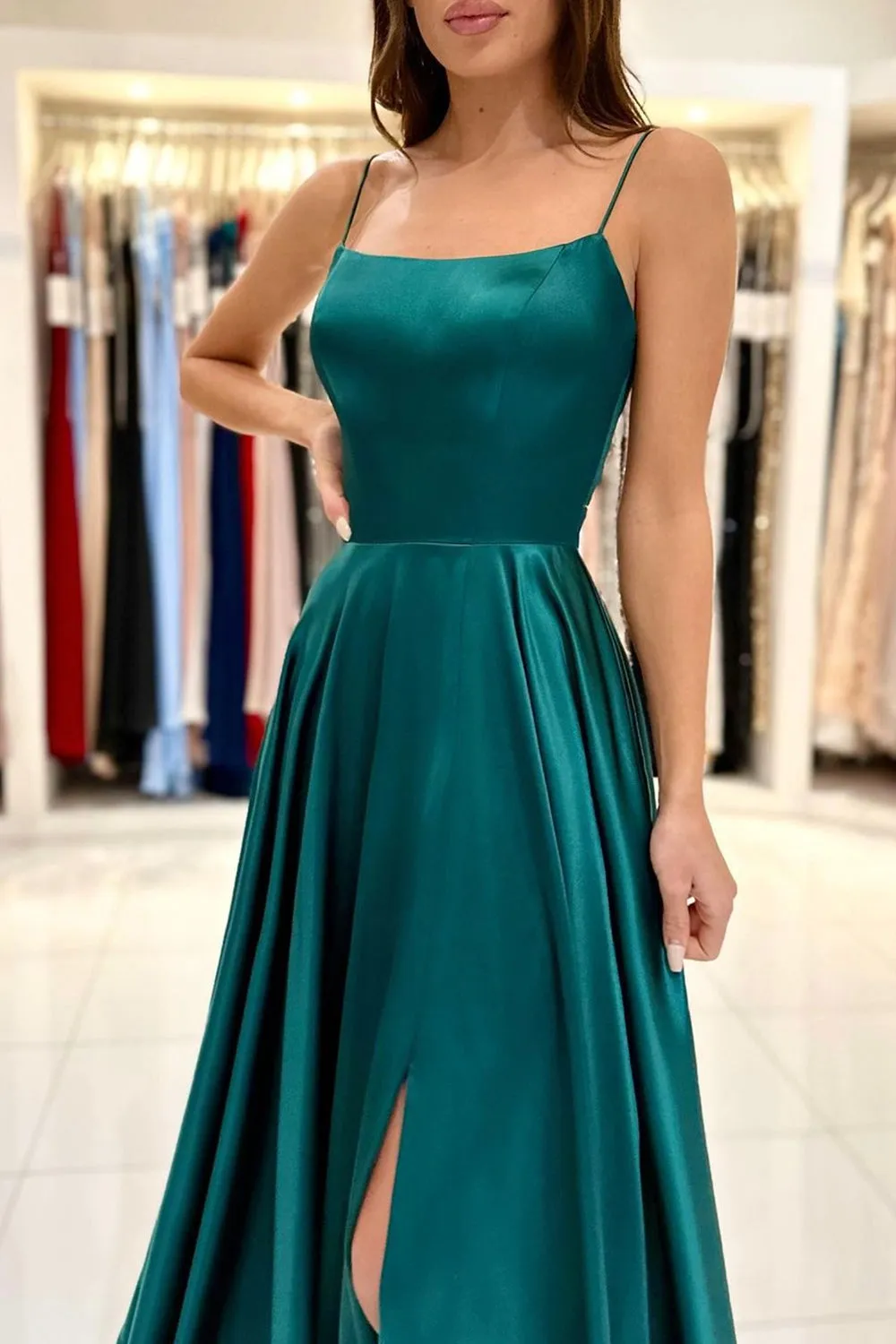 Green Satin Long Prom Dress, Simple A-Line Evening Dress
