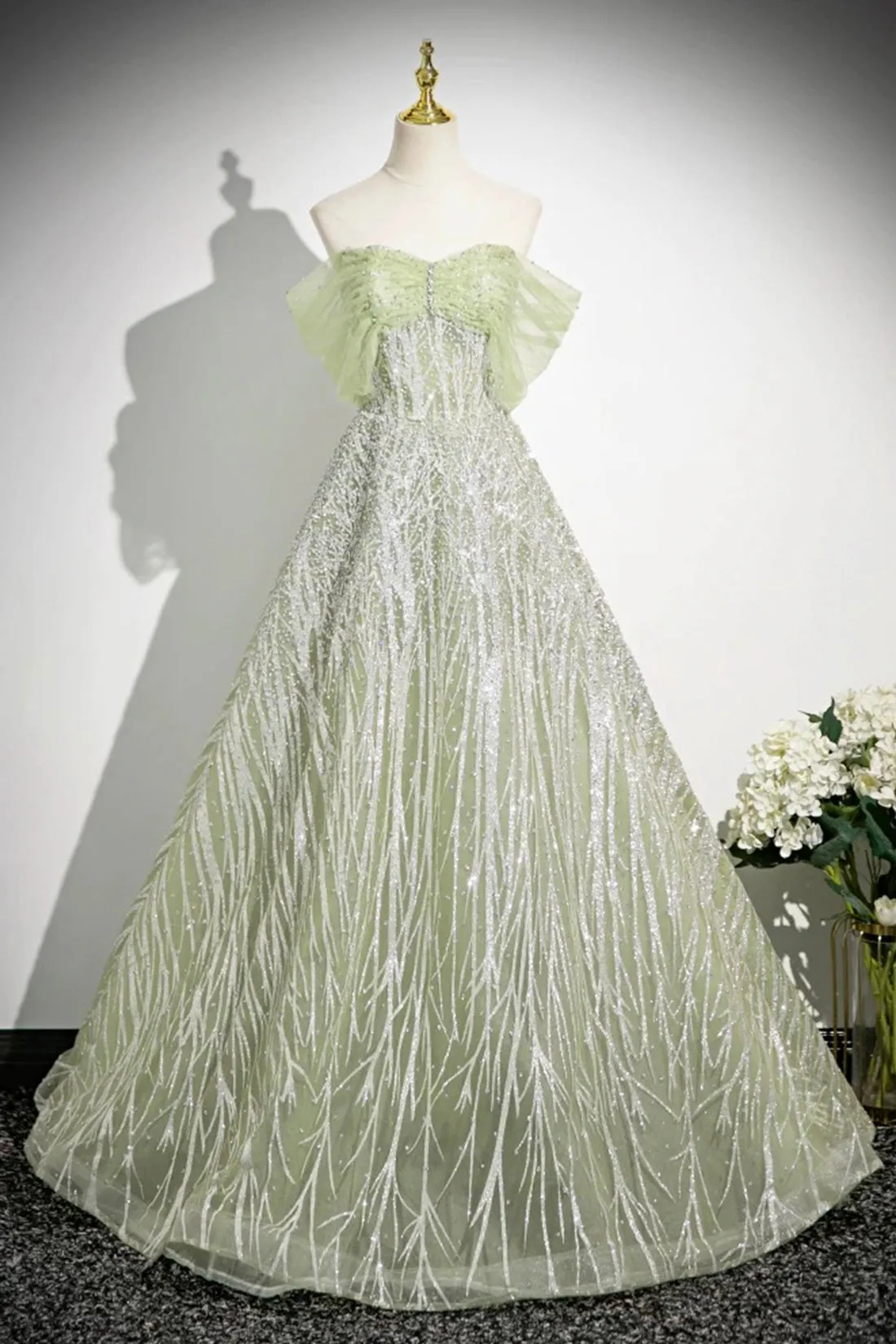 Green Tulle Sequins Long Prom Dress, Beautiful Off the Shoulder Party Dress
