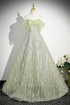 Green Tulle Sequins Long Prom Dress, Beautiful Off the Shoulder Party Dress