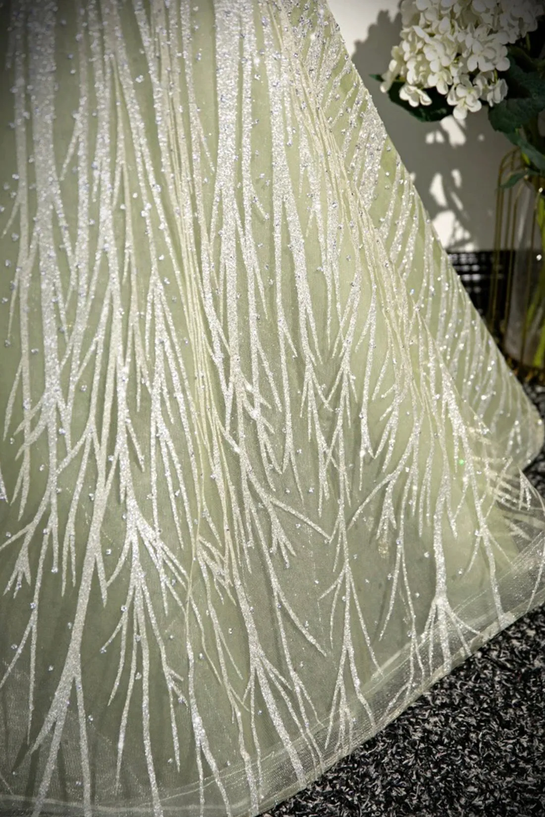 Green Tulle Sequins Long Prom Dress, Beautiful Off the Shoulder Party Dress