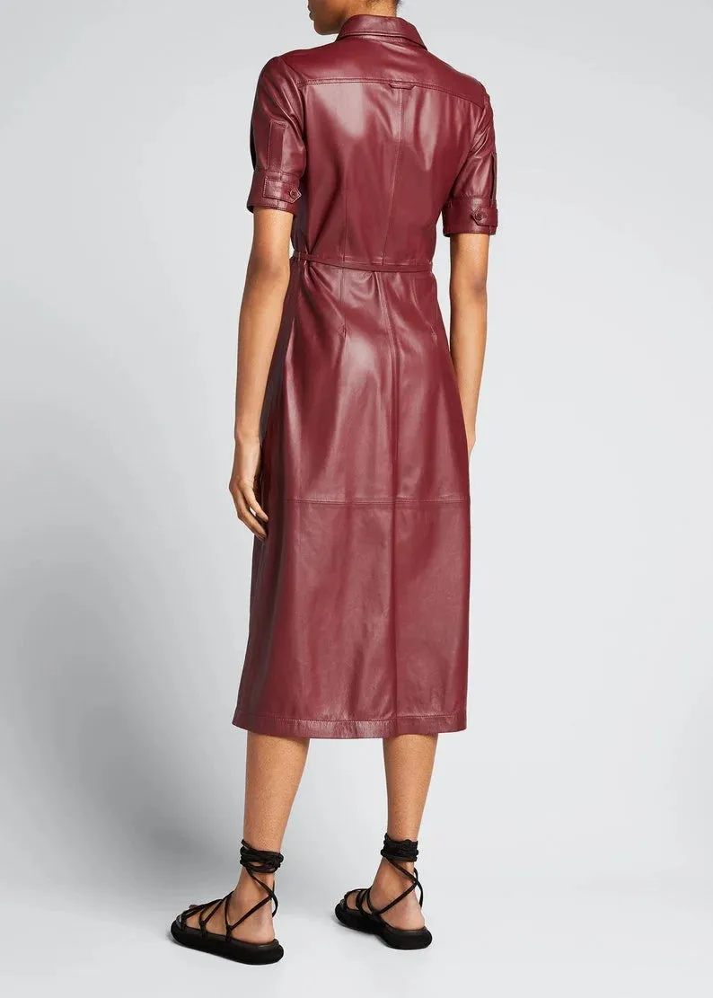 Handmade Lambskin Leather Women's Mid Calf Shirt Dress