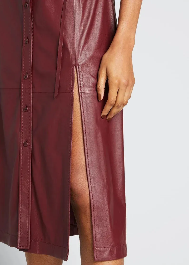 Handmade Lambskin Leather Women's Mid Calf Shirt Dress