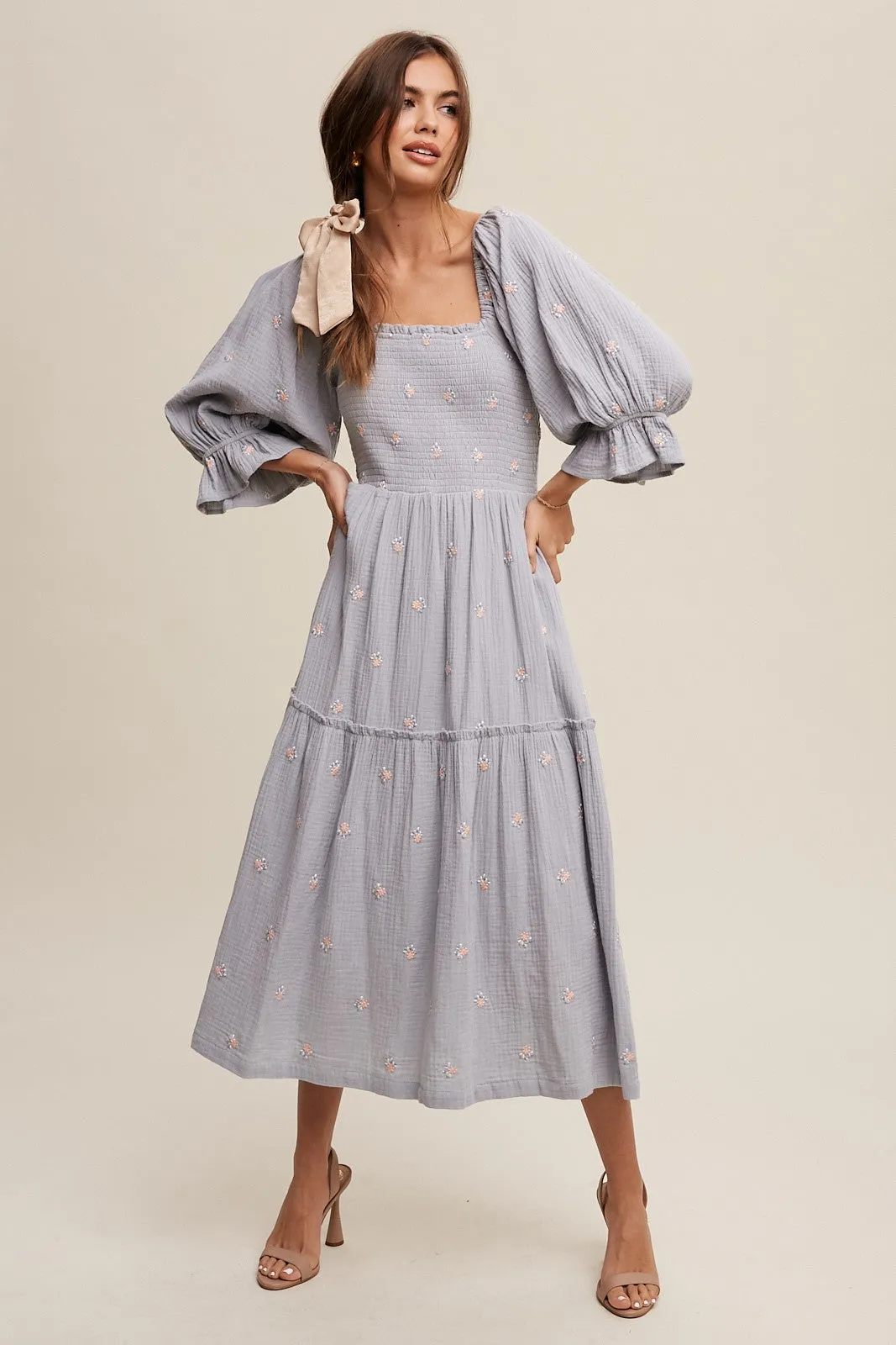Karina Smocked Floral Midi Dress - Dusty Blue