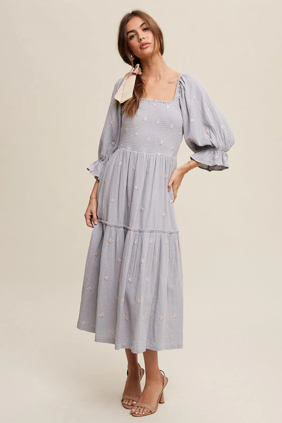 Karina Smocked Floral Midi Dress - Dusty Blue