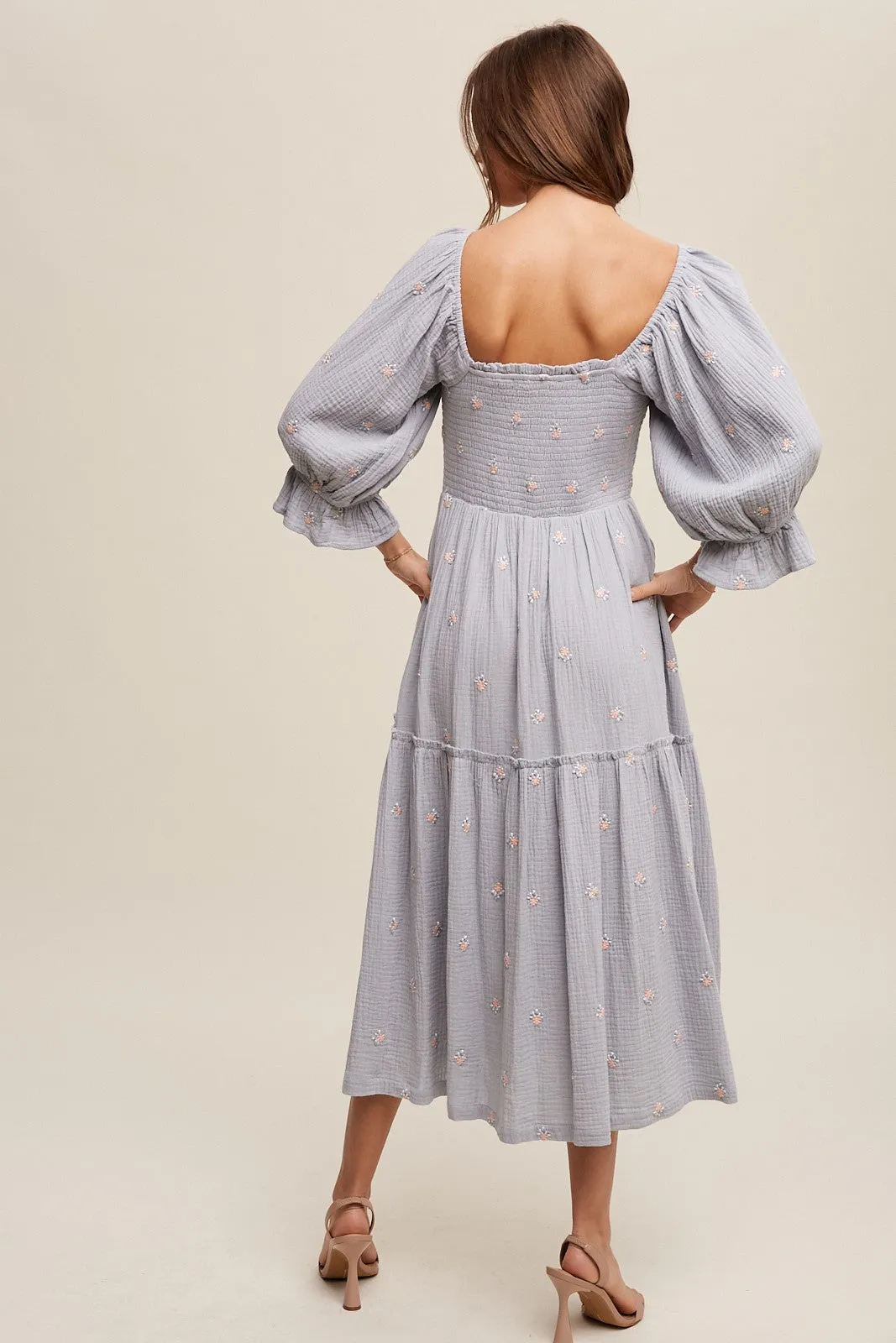 Karina Smocked Floral Midi Dress - Dusty Blue