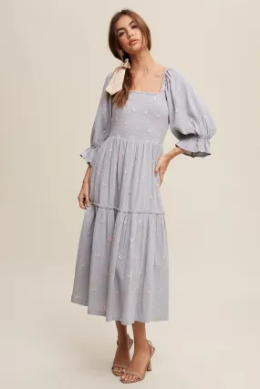 Karina Smocked Floral Midi Dress - Dusty Blue