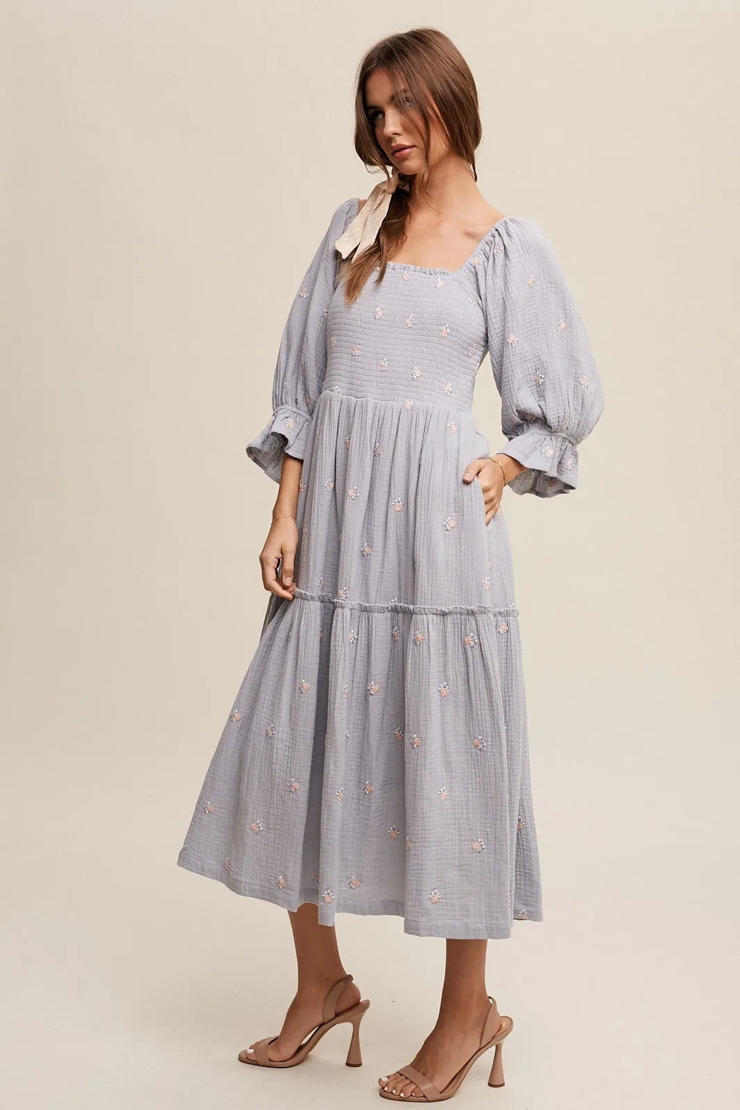 Karina Smocked Floral Midi Dress - Dusty Blue