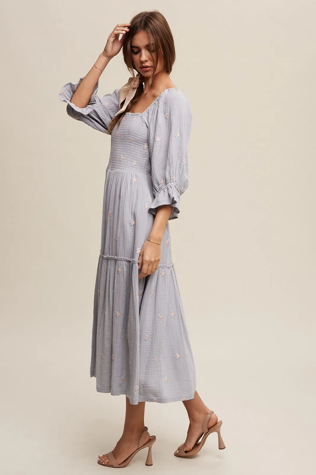 Karina Smocked Floral Midi Dress - Dusty Blue