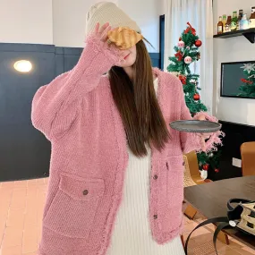 Knitted cardigan short coat pink sweater for woman