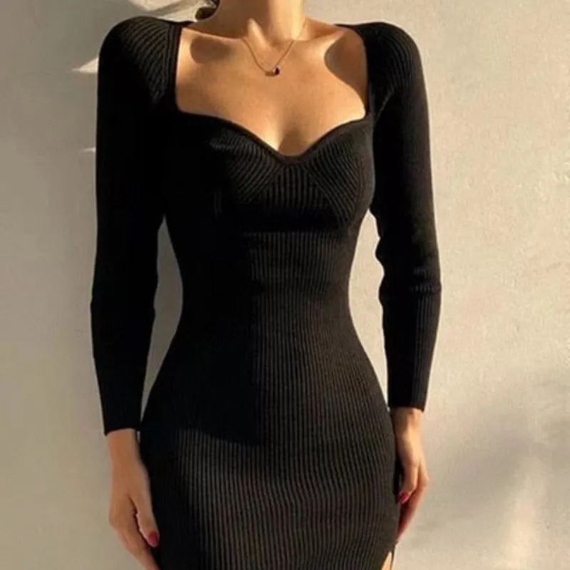 Knitted Long Sleeve Heart Collar Sweater Midi Dress