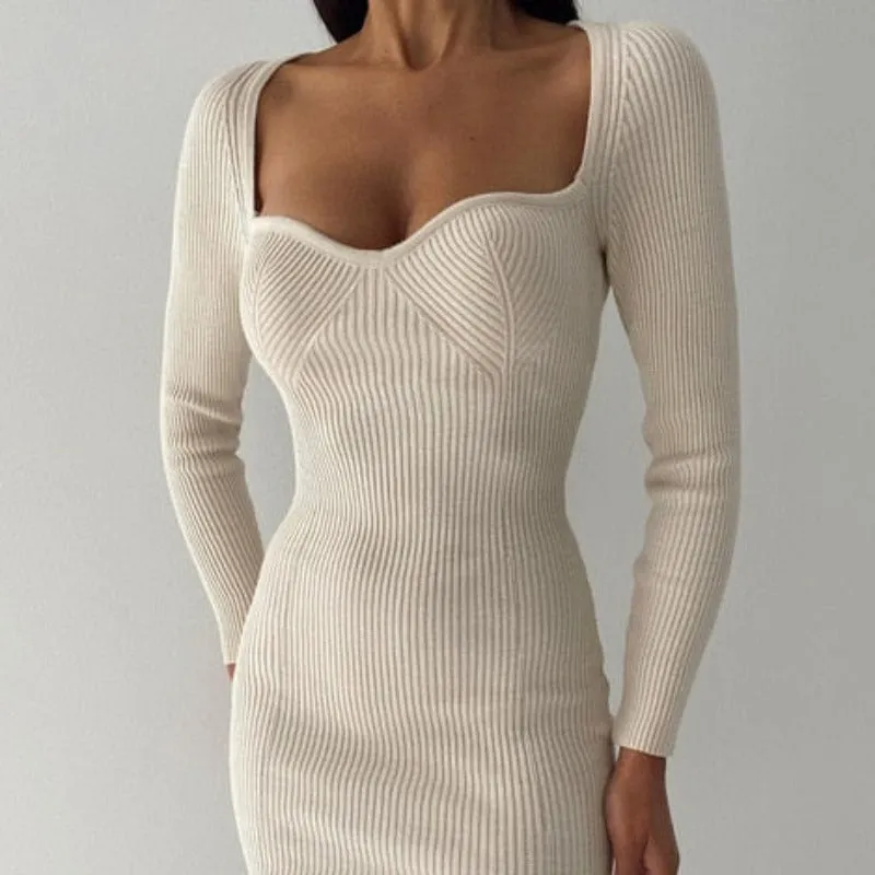 Knitted Long Sleeve Heart Collar Sweater Midi Dress