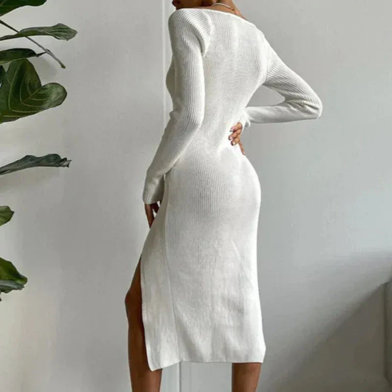 Knitted Long Sleeve Heart Collar Sweater Midi Dress