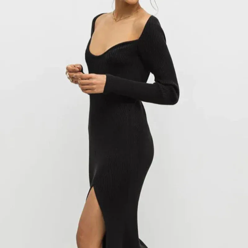 Knitted Long Sleeve Heart Collar Sweater Midi Dress