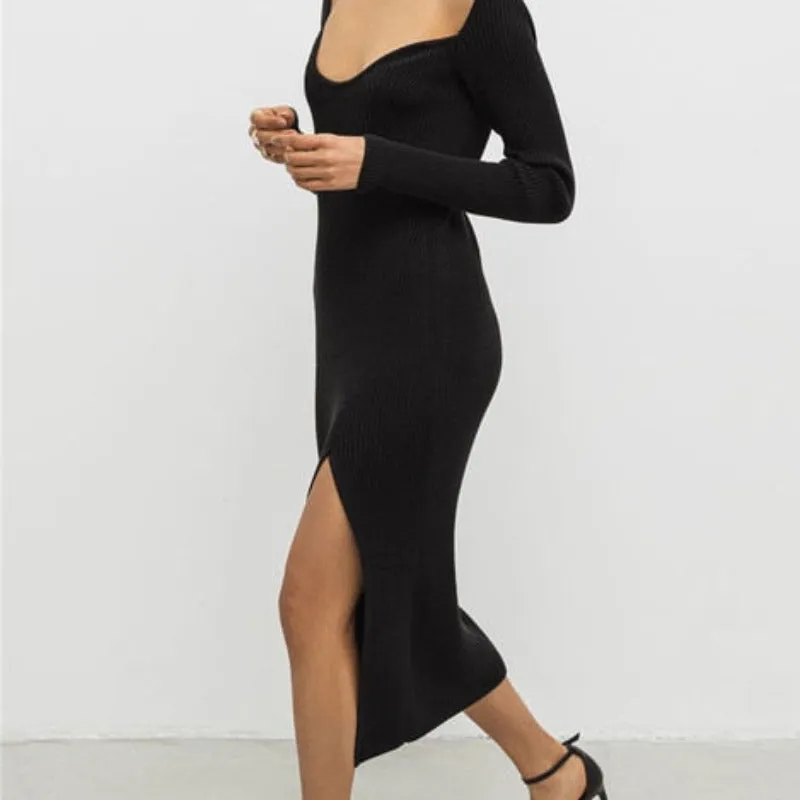 Knitted Long Sleeve Heart Collar Sweater Midi Dress