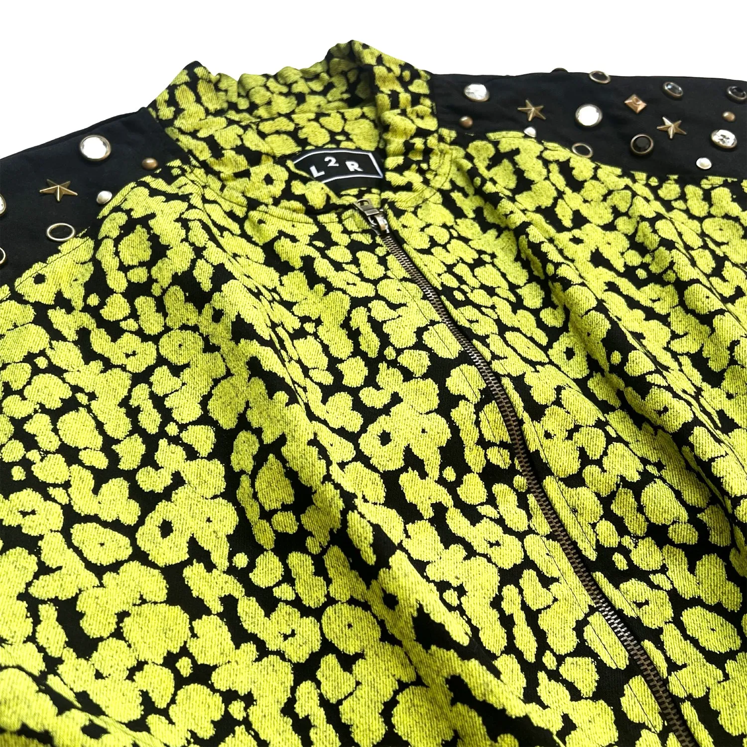 Leopard-Print Sleeveless Bomber Jacket in Yellow & Black
