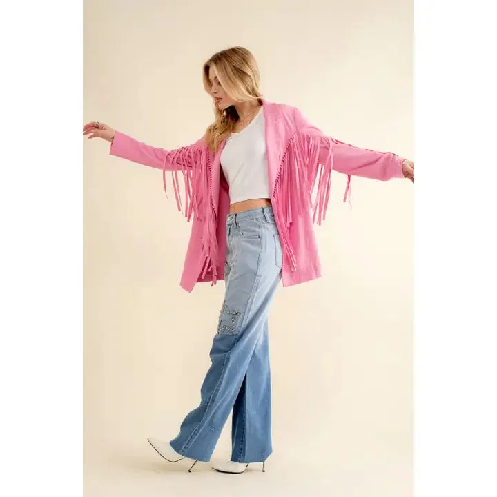 Lightweight Suede Fringe Open Tunic Western Blazer