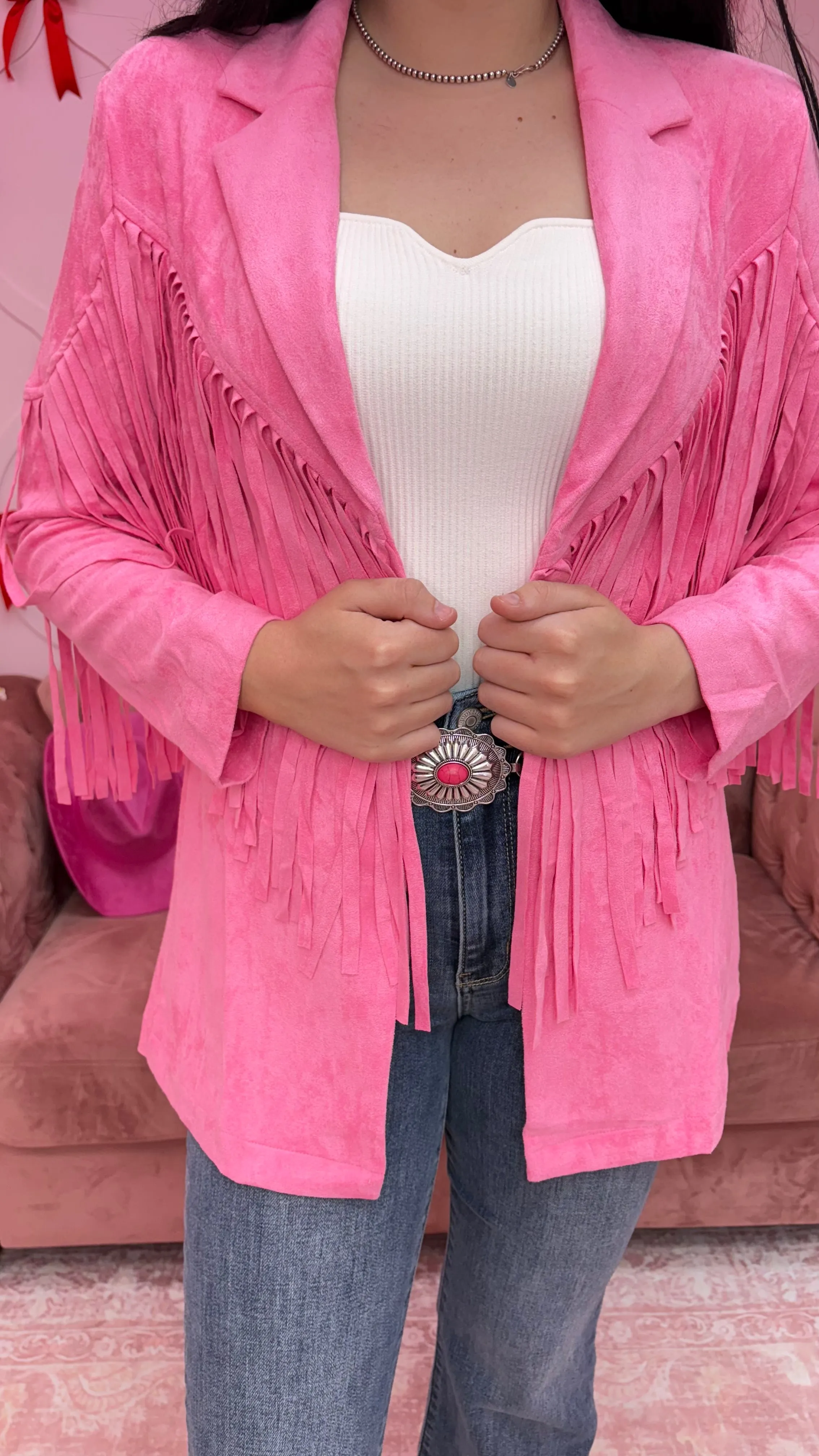 Lightweight Suede Fringe Open Tunic Western Blazer