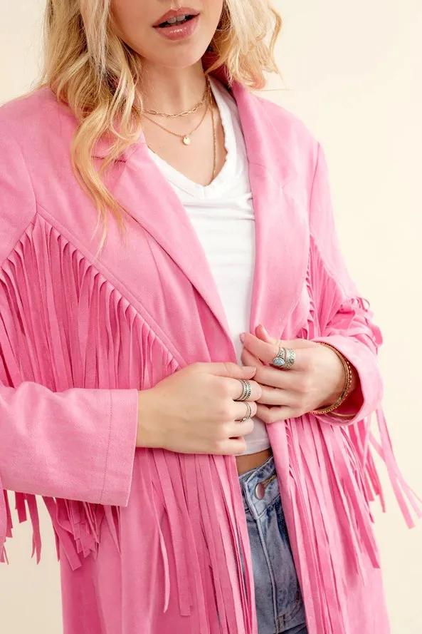Lightweight Suede Fringe Open Tunic Western Blazer