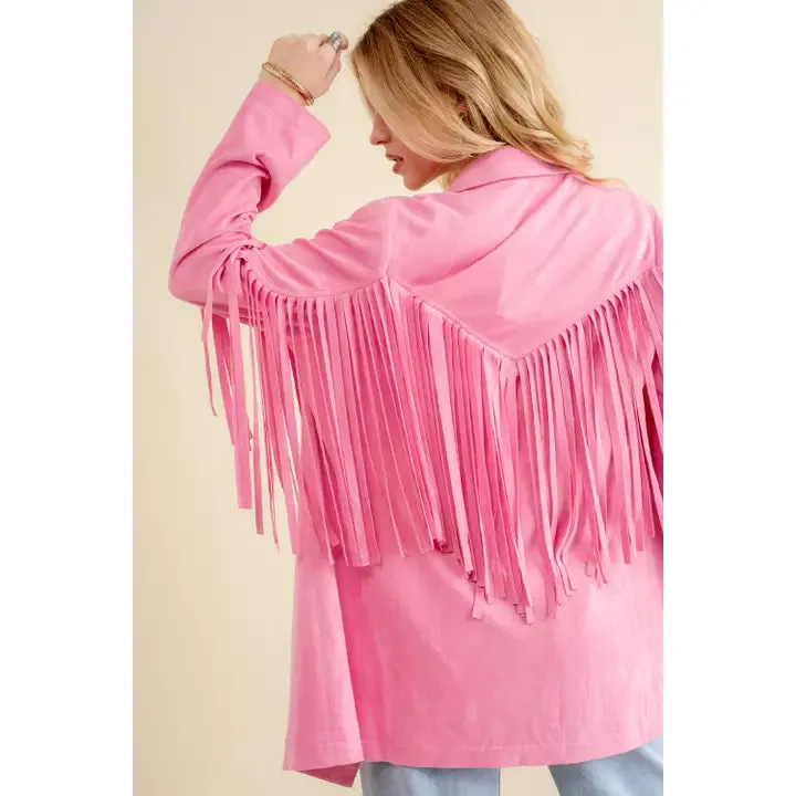Lightweight Suede Fringe Open Tunic Western Blazer