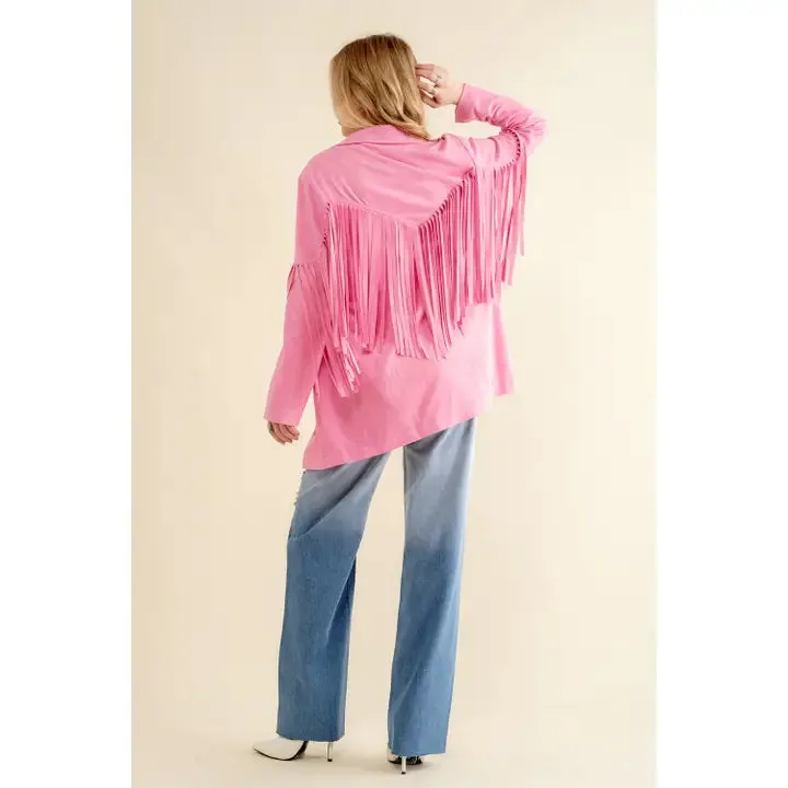 Lightweight Suede Fringe Open Tunic Western Blazer