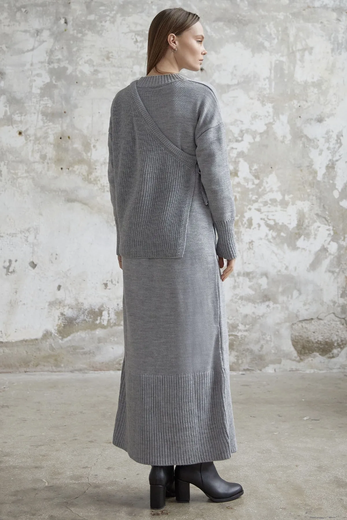MDS Women Knit Dress with Belted Sweater - Grey - University City