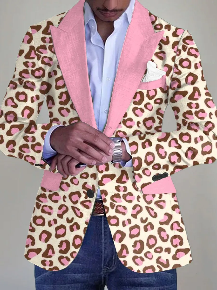Men's Pink Leopard Print Fashion Retro Lapel Casual Blazer