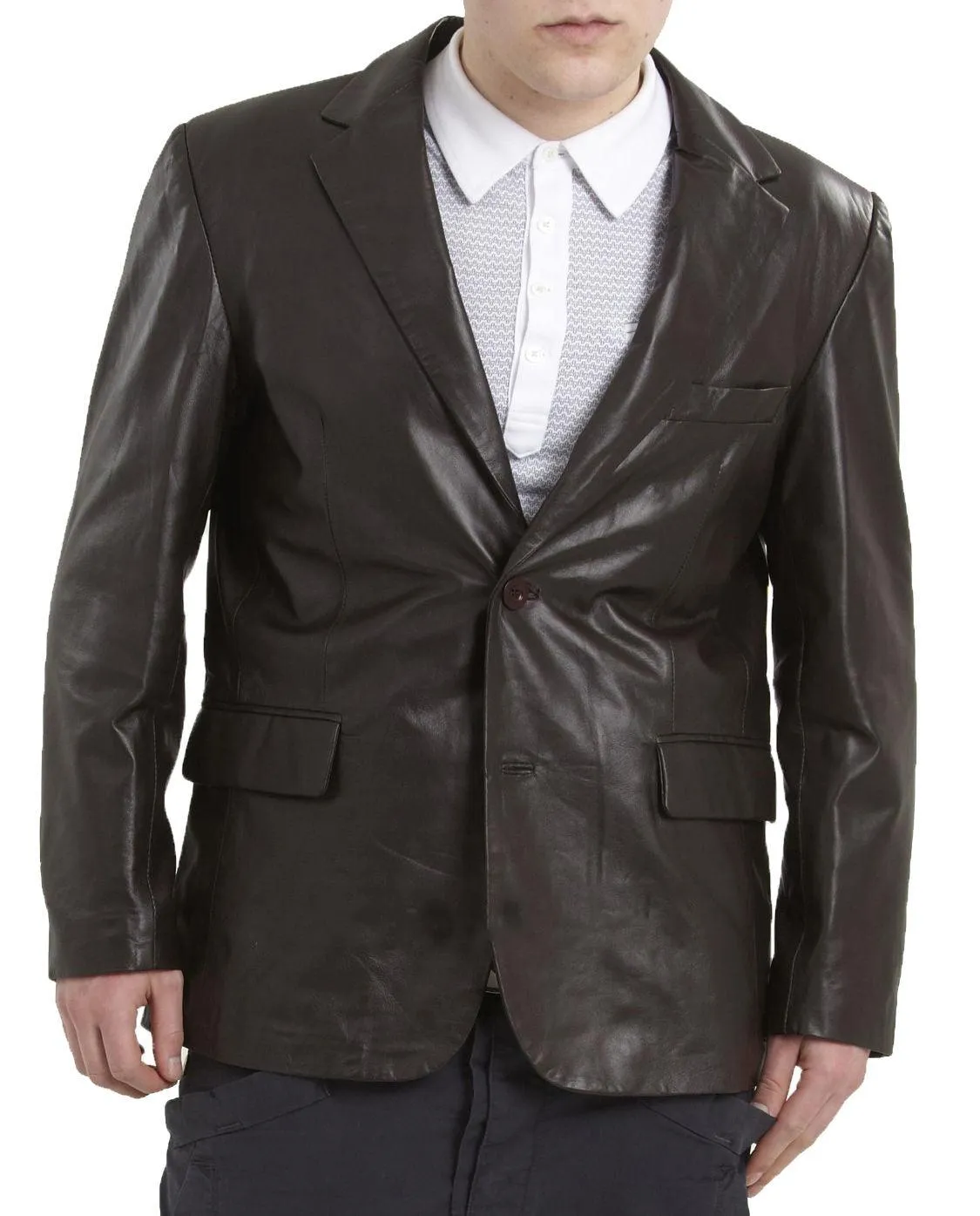 Men's TWO BUTTON Black Leather Blazer TB016