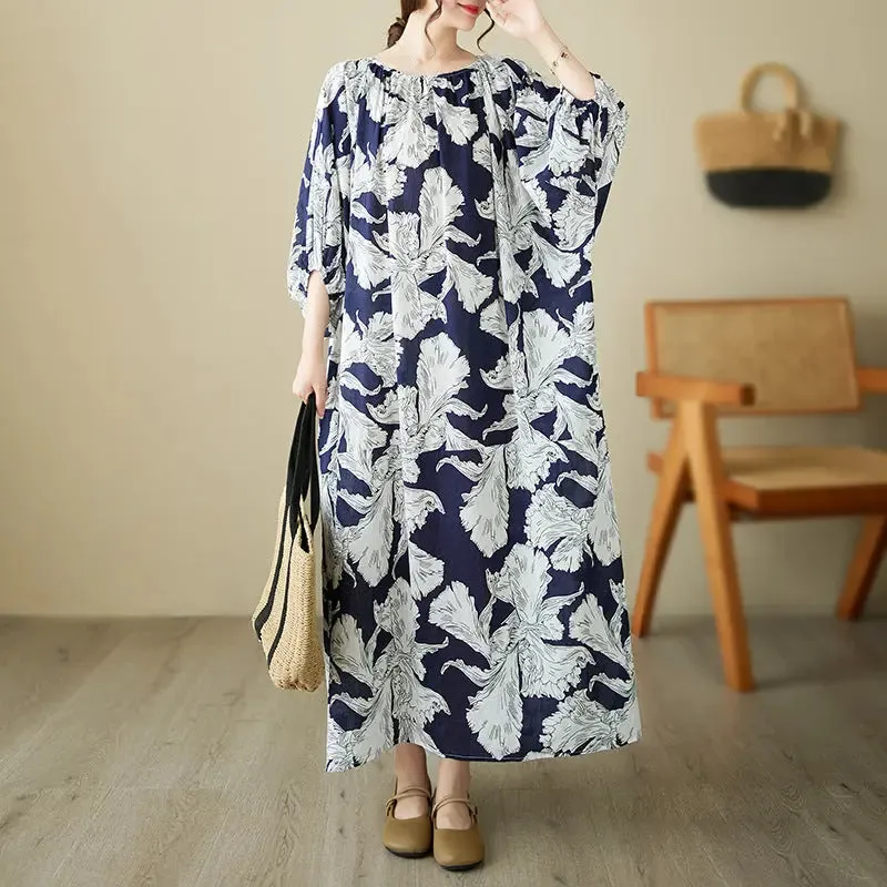 Navy Blue Floral Dress Boho A-Line Midi Dress