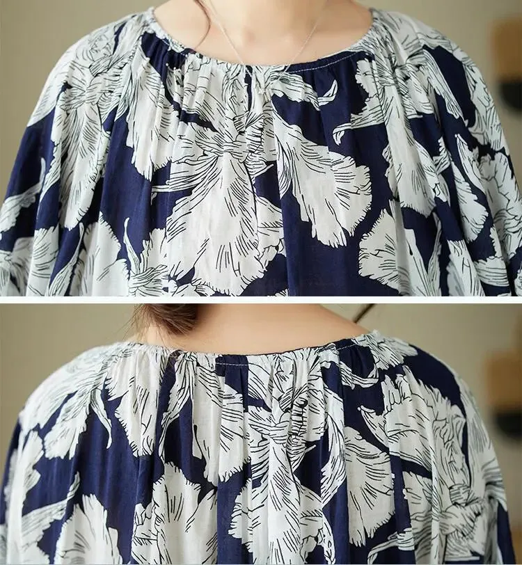 Navy Blue Floral Dress Boho A-Line Midi Dress