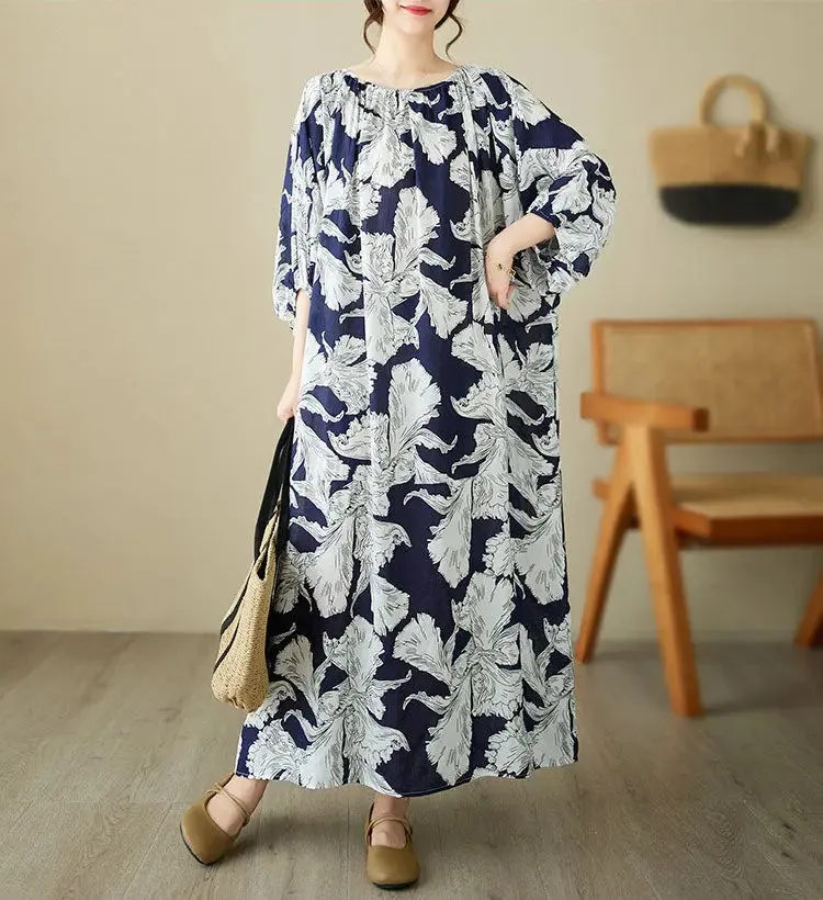 Navy Blue Floral Dress Boho A-Line Midi Dress