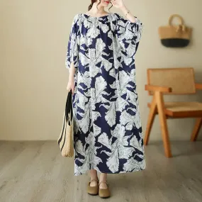 Navy Blue Floral Dress Boho A-Line Midi Dress