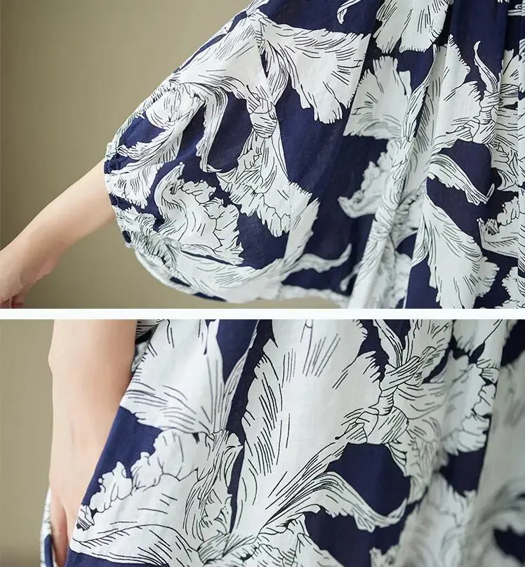 Navy Blue Floral Dress Boho A-Line Midi Dress