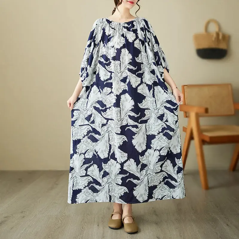 Navy Blue Floral Dress Boho A-Line Midi Dress