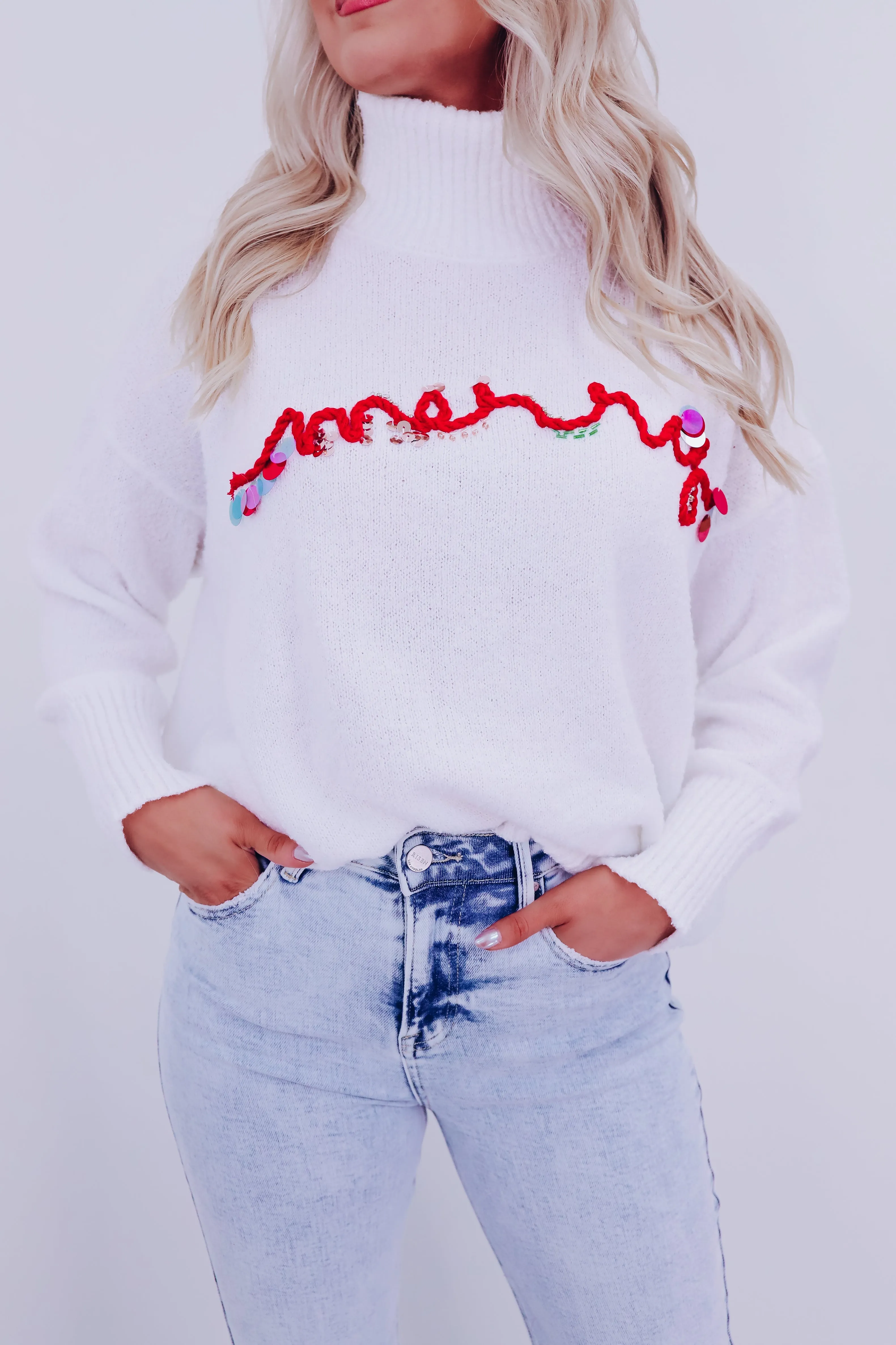 Ornate Merry Cowl Neck Sweater  - White