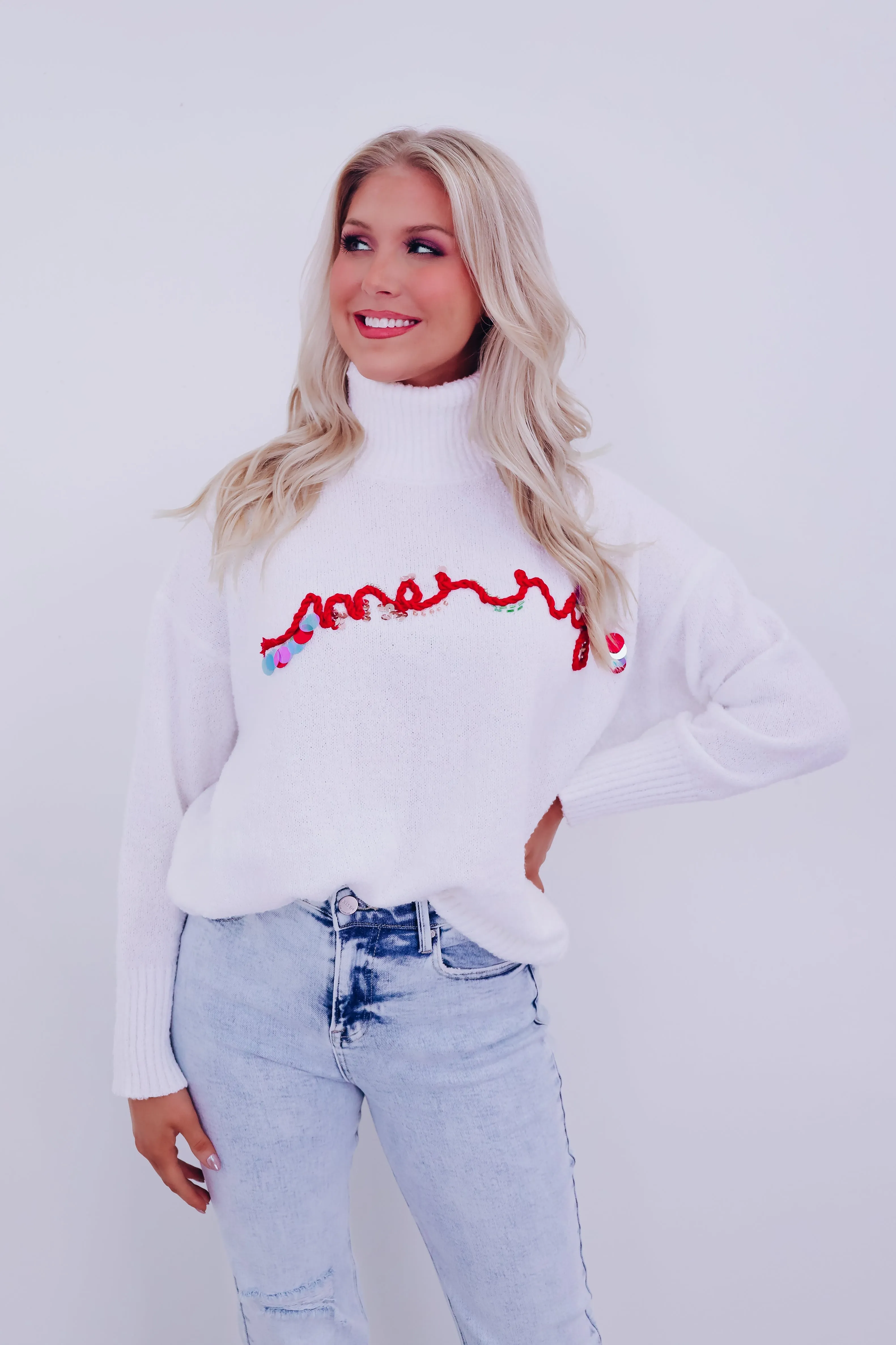 Ornate Merry Cowl Neck Sweater  - White