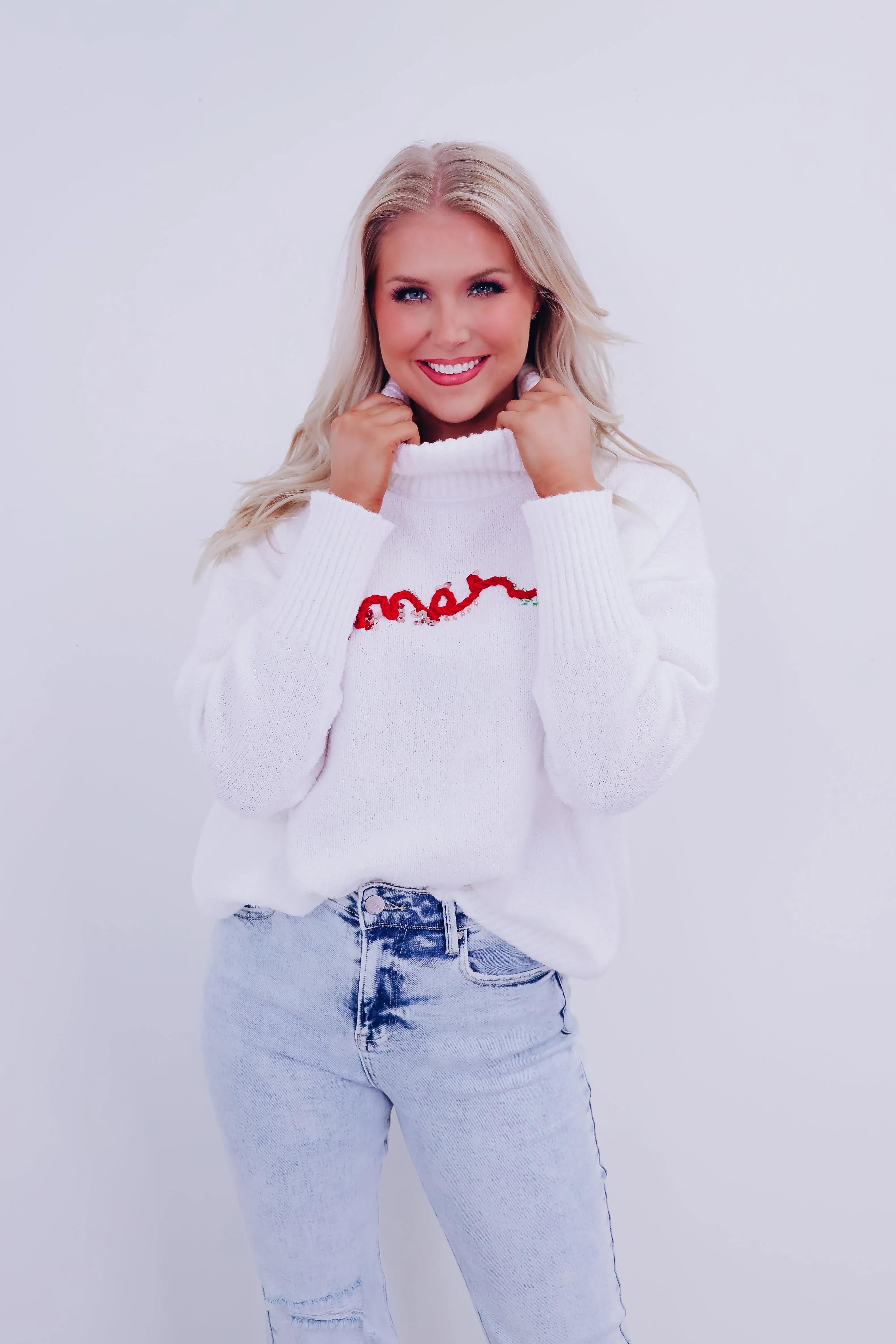 Ornate Merry Cowl Neck Sweater  - White