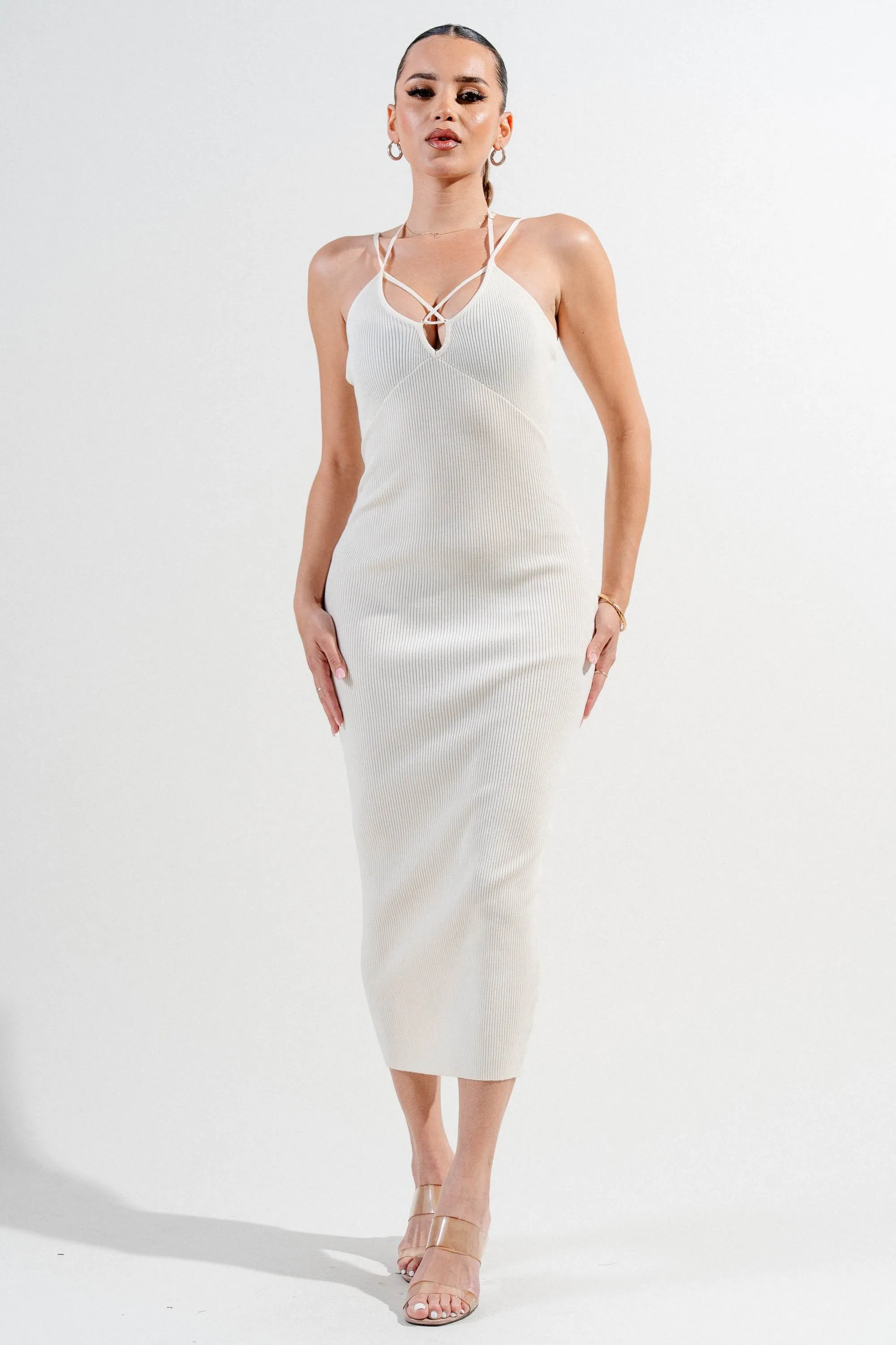 PDKS78612SST-W / RIB SWEATER STRIPE STRAP DETAIL CUT OUT WAIST MIDI DRESS